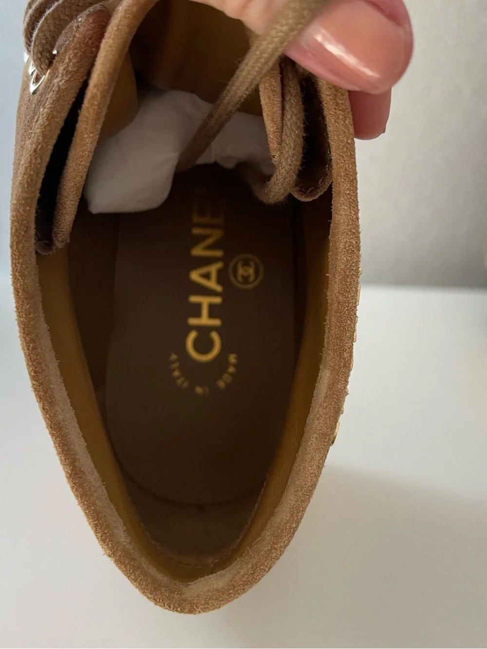CHANEL Tan Suede Wedge Ankle Booties with Gold Logo